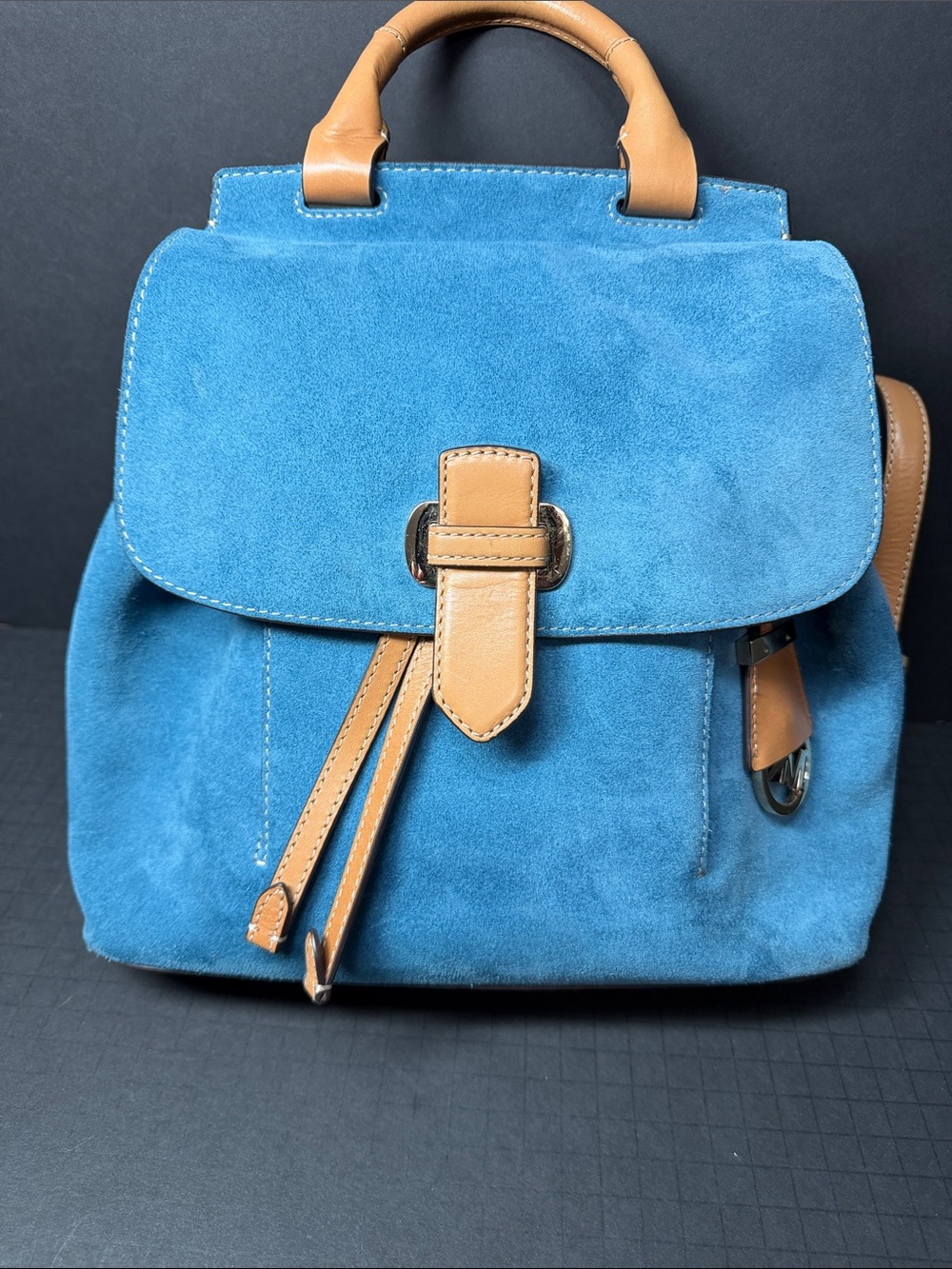 Michael Kors Blue Suede Backpack with Tan Leather Trim